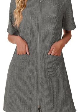 NWT! EKOUAER Textured Zip-Front Short Sleeve Dress in Gray Sz small